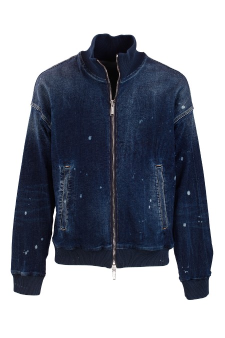 Shop DSQUARED2  Bomber: DSQUARED2 denim bomber jacket.
Regular fit.
DSQUARED2 lettering on the back.
Used wash with color spots.
Side pockets.
Double slider zip closure.
Ribbed knit collar, cuffs and hem.
Long sleeves.
Composition: 98% Cotton 2% Elastane.
Made in Italy.. S74AM1472 S30805-470